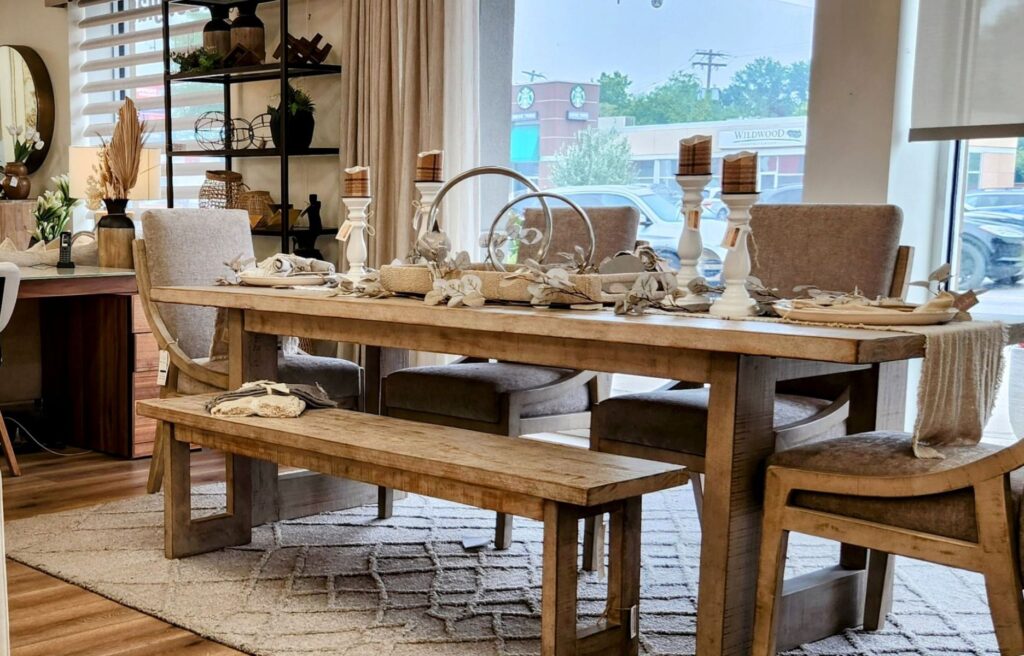 Modern furniture with natural textures at Addie Birch in Winnipeg, paired with custom window coverings from Superblinds