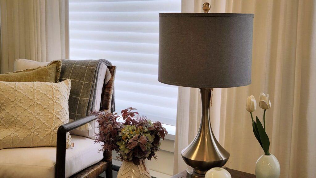 Silhouettes layered with custom drapery on display in the Superblinds showroom